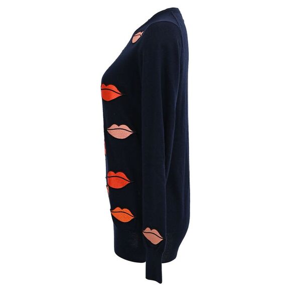 Victoria Victoria Beckham Lips Print Sweater in Navy Blue Wool